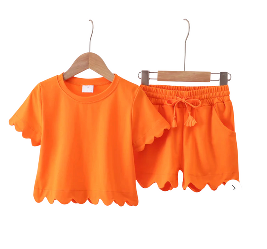 Orange Scalloped Shorts Set
